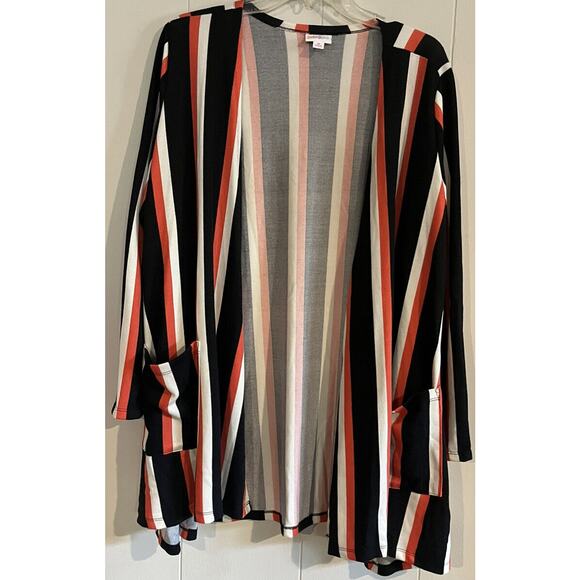 LuLaRoe Black, Coral, and White Striped Caroline Open Cardigan with Pockets Med - Picture 1 of 3